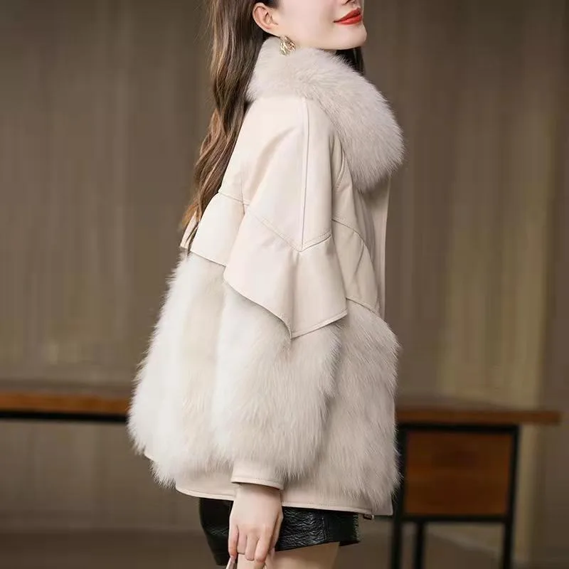 Winter 2024 Fallow Leather Jacket Women's Dress Jacket Down Jacket Faux Fox  One-piece Fur Coat Thick Fur Coats Faux Fur