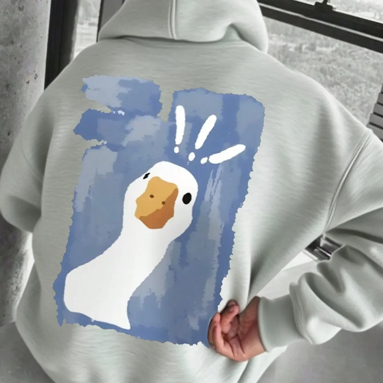 Cartoon Surprised White Goose Watercolor Graphic Hoodie Men Torn Frame Back Print Casual Long Sleeve Fleece Hooded Sweatshirt