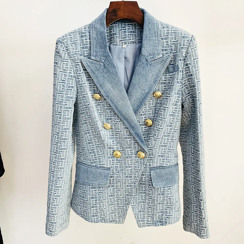 Elegant Lion Head Gold Button Blazer Jacket Women Labyrinth Jacquard Denim New in Outerwears Ladies Long Sleeves Lapel Slim Suit