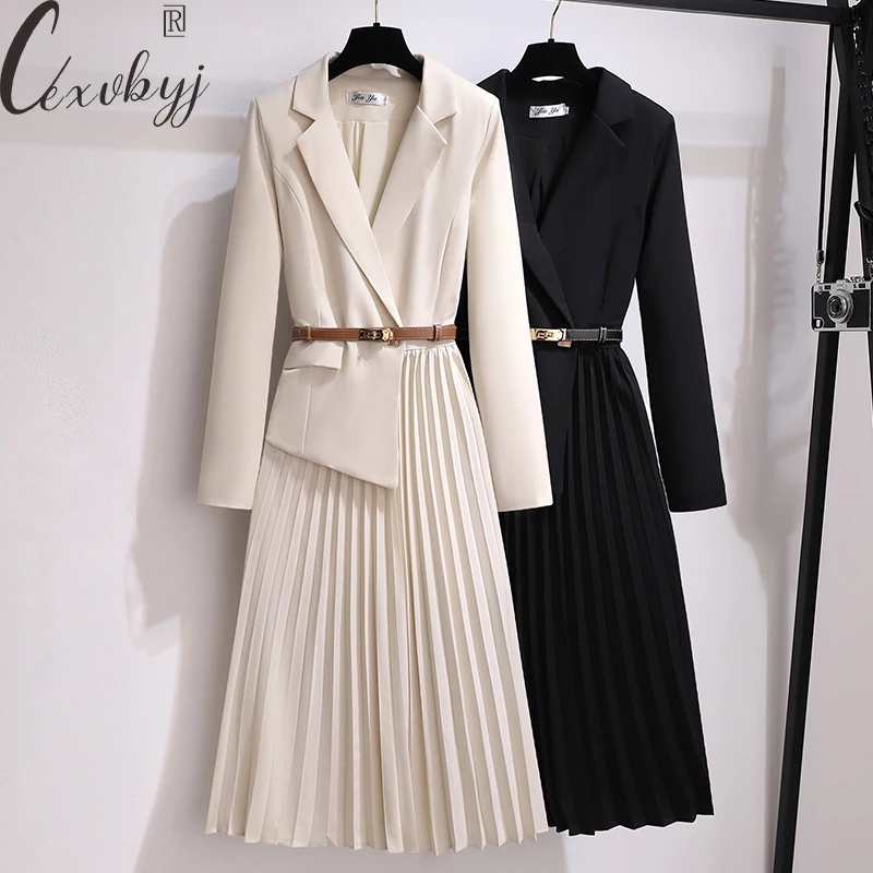 

Fake Two Peice Korean Dress Women Fall Notched Pleated Dress Office Lady Elegant Long Sleeve Blazer Dress Vintage Midi Vestidos