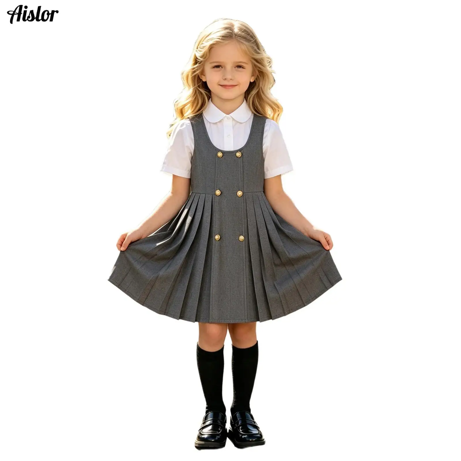 Kids Girls School Uniform Jumper Dress U Collar Double-breasted Sleeveless Pleated A-line Hem Tank Dress College Style Dress