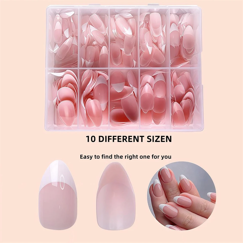 120/240/360 piezas en caja, puntas de gel rosa francés brillantes, almendra mediana, blancas, simples, uñas postizas de gran capacidad 3