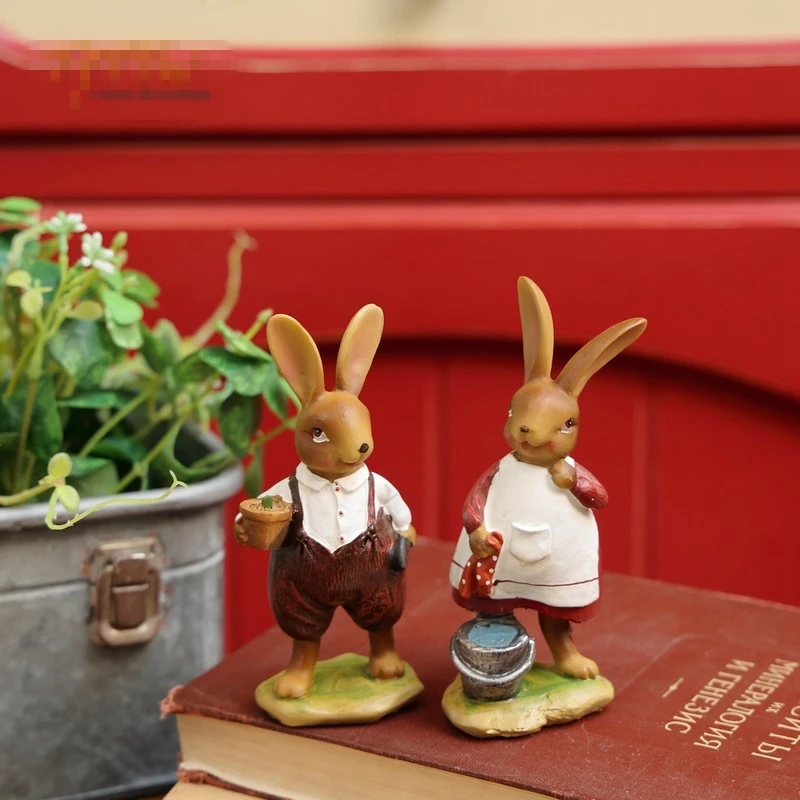 2Pcs Pastoral red labor rabbits couple ornaments cute desktop decoration creative Easter bunny balcony living room furnishings