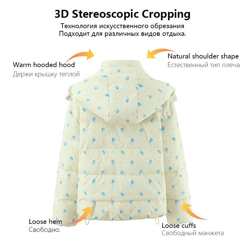 2025 가을/겨울 신상 여성 의류, 후드가 달린 크림 옐로우 코튼 재킷, 상큼한 블루톤의 작은 꽃무늬 프린트와 함께.