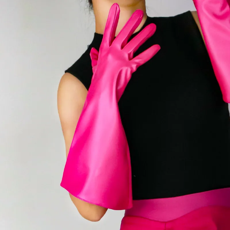 15 Zoll (38 cm) lange modische Handschuhe aus Kunstleder, PU, hellviolett, Lavendel, Flieder, Puffärmel, weit, locker, große Größe, Nachtclub, sexy – Detail 36