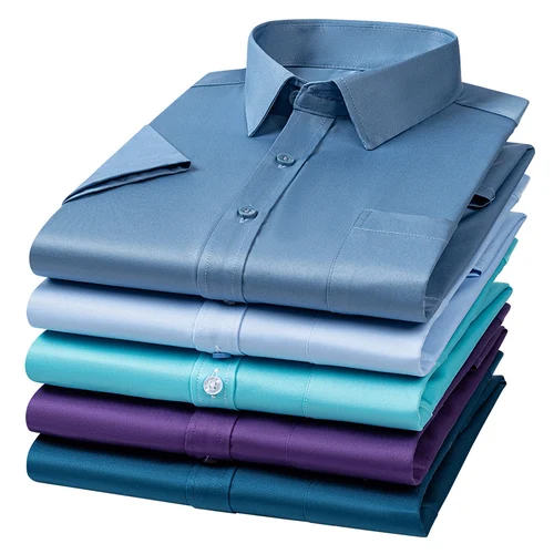 Camisas antiarrugas para hombre, camisas de vestir de manga corta, ajustadas, blusa de negocios Social, Camisa blanca con bolsillo, S-7XL