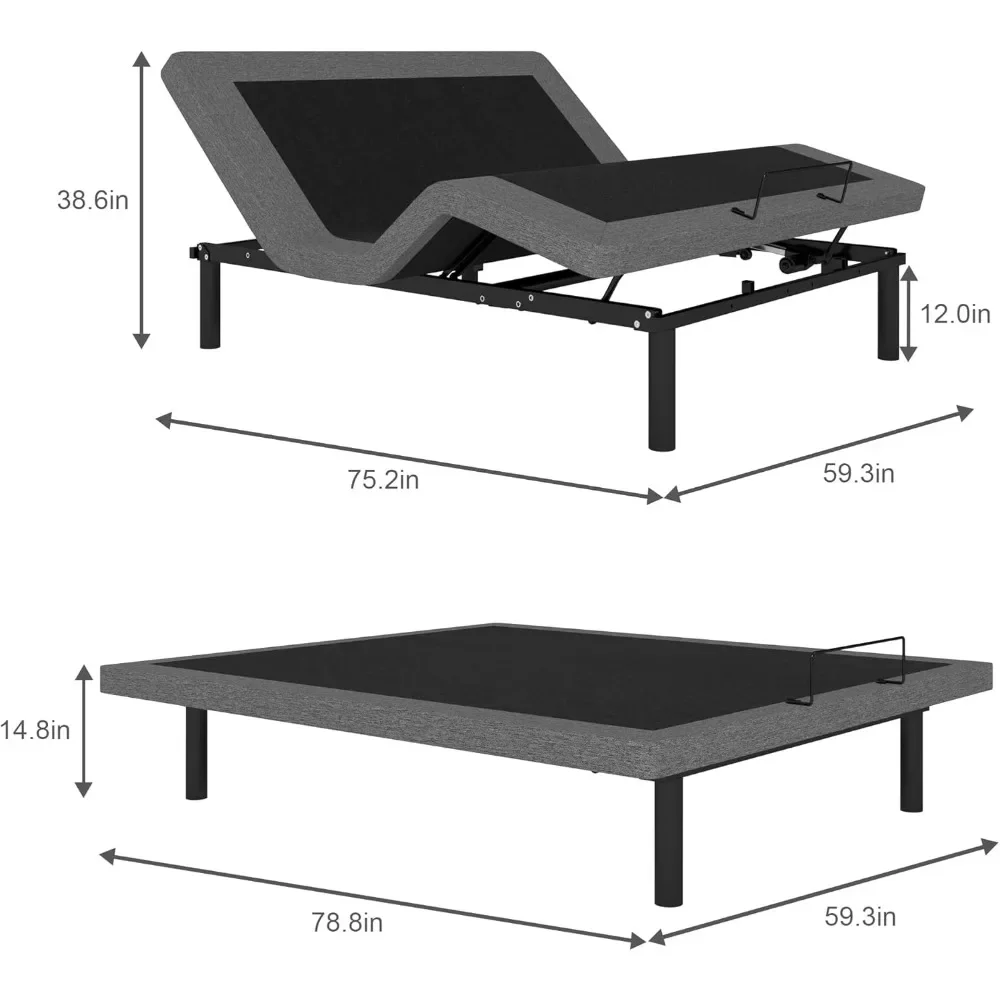 Queen Size Adjustable Bed Frame, Electric Bed Base, Wireless Remote Control, Whisper Quiet Durable Motor, Padded Edge