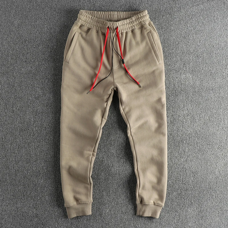 Calça espartilho casual de perna reta masculina, moletom grosso com pilha pesada, tendência de corda colorida, outono e inverno