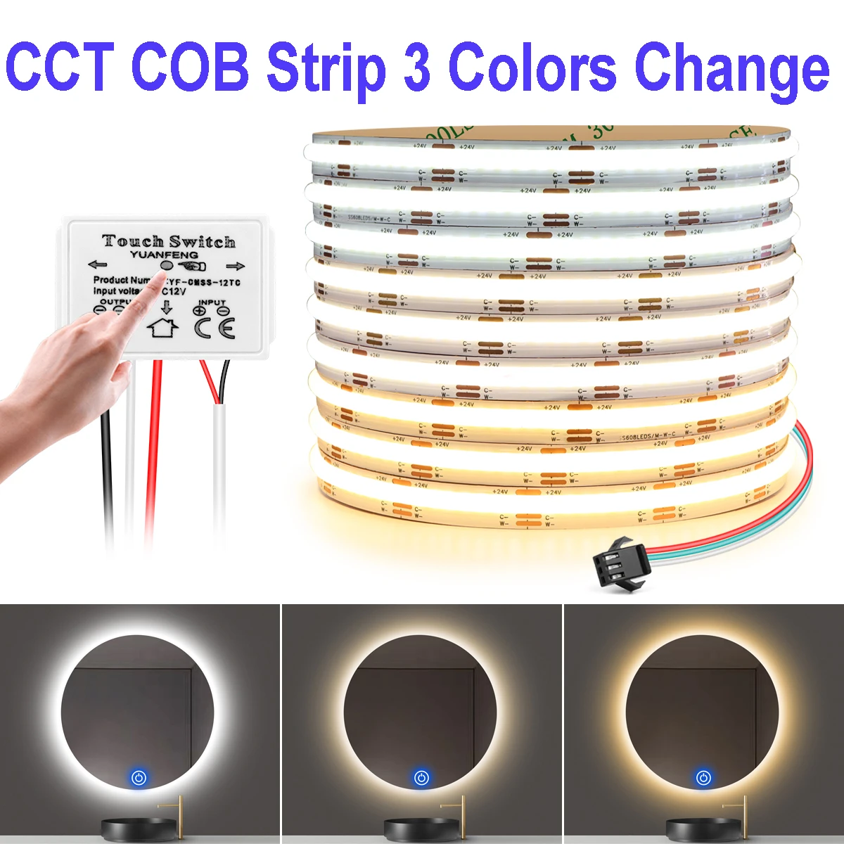 24V 608 LEDs/M CCT COB LED Strip Lights for Bathroom Mirror Backlight Tape Touch Dimming Switch 2700K-4000K-6500K Changeable