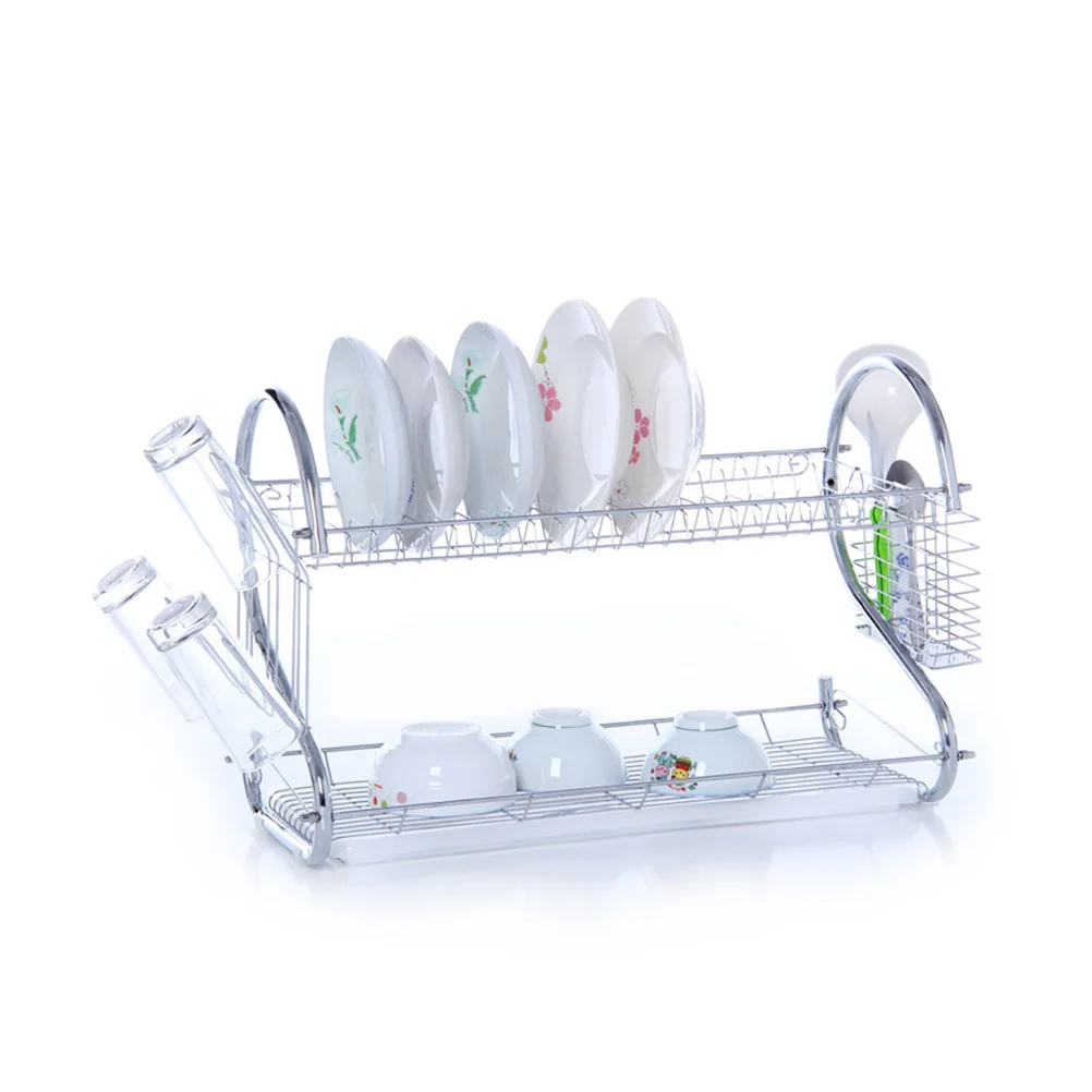 

2-Tier Drying Kitchen Organizer Removable Draining Tray Chrome Steel Cup Holder Stand For Glasses Utensils Dish Drainer Rack