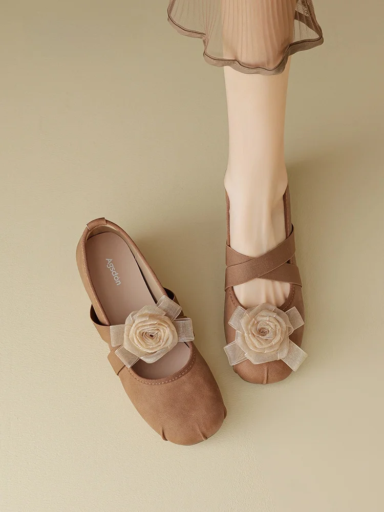 

Miu Ballet Tea Flower Mary Jane Women's Shoes Flat Bottom Slip-On Dance Shoes Spring Summer New Style Floral Embellished Flats