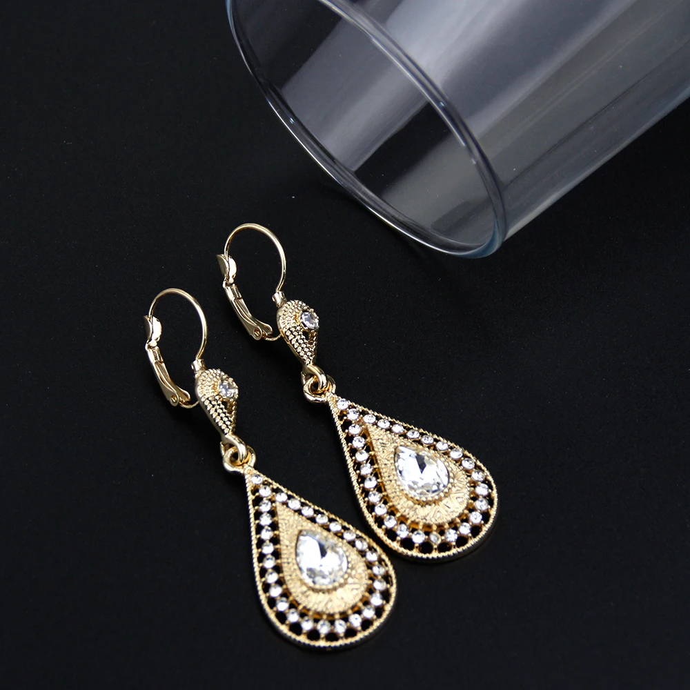 Sunspicems 2022 Gold Color Algeria Earring Long Drop Water Crystal Women Wedding Jewelry Morocco Caftan Bijoux Bridesmaid Gift