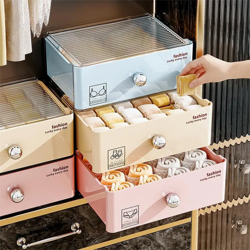 家庭用下着収納ボックス-引き出し式-防塵カバー付き-新バージョン-個人衣類オーガナイザー-プラスチック製