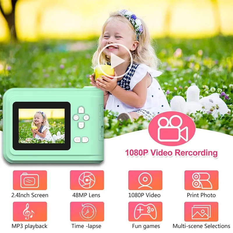 Kids Instant Print Camera with 32GB 1080P HD 2.4 Inch Screen Zoom Video Photo Child Birthday Festival Gifts Digital Camera Toys