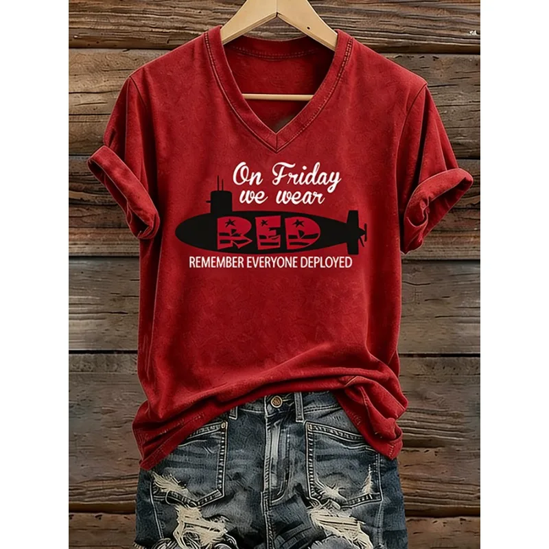 New Women's Red Friday Print Tees Summer V Neck Tops Short Sleeve Casual Remember Everyone Deployed T-Shirts