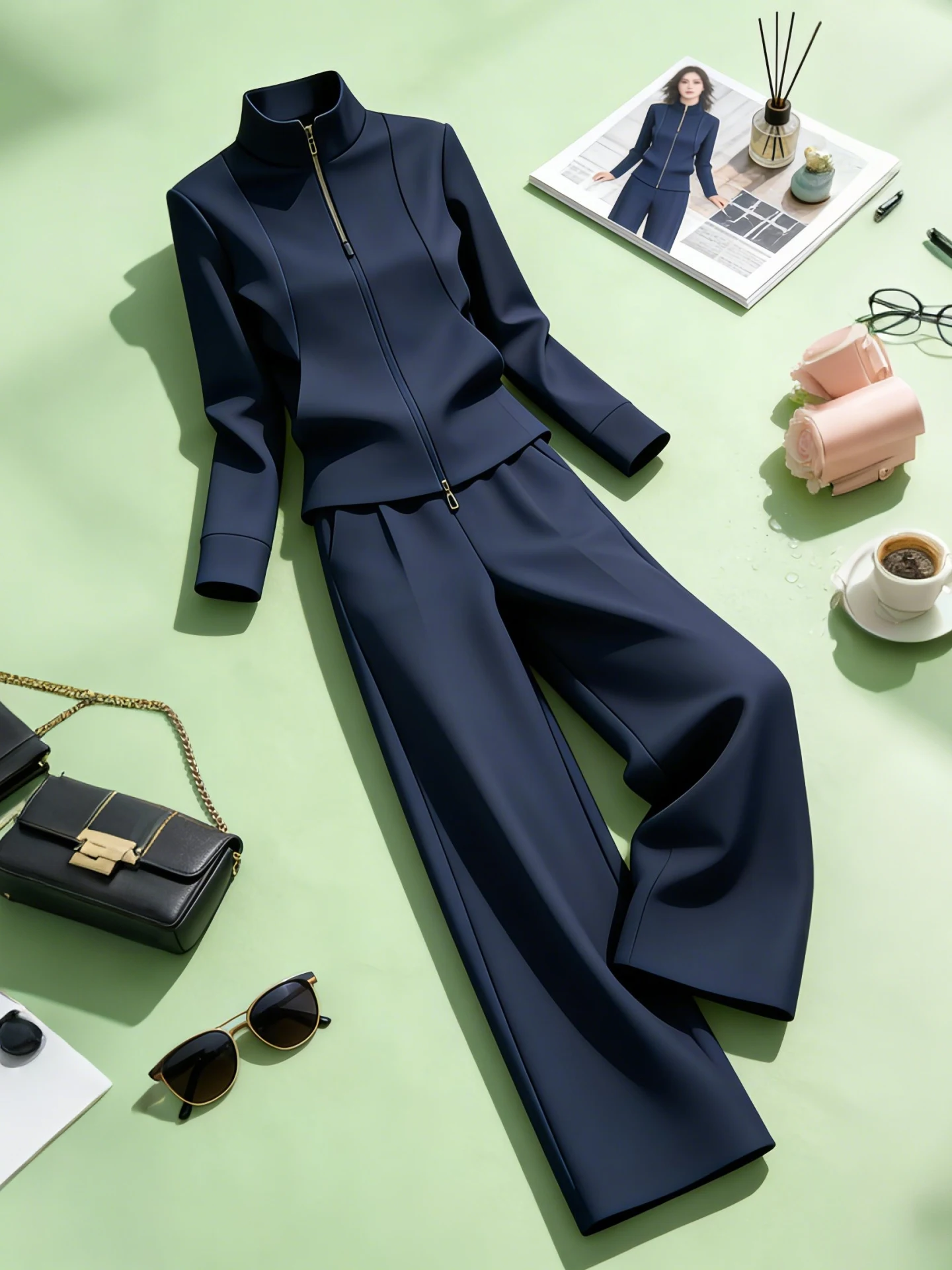 

Комплект для ранней весны: простой сочетаемый комплект из двух предметов – свитшот и брюки с широкими штанинами на высокой талии. Универсальный базовый стиль для женщин.