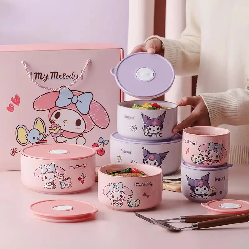

3PCS My Melody Kuromi Ceramic Fresh Bowl Set Kawaii Student Lunch Box High-End Gift Box for Friends Cartoon Anime Derivative