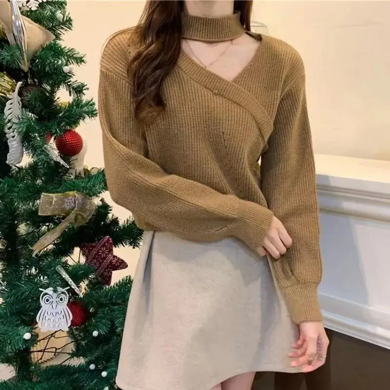 Women\'s Fashionable Hollow Out Solid Color Knitting Loose Halter Long Sleeve Pullovers Autumn Office Lady Irregular Sweater