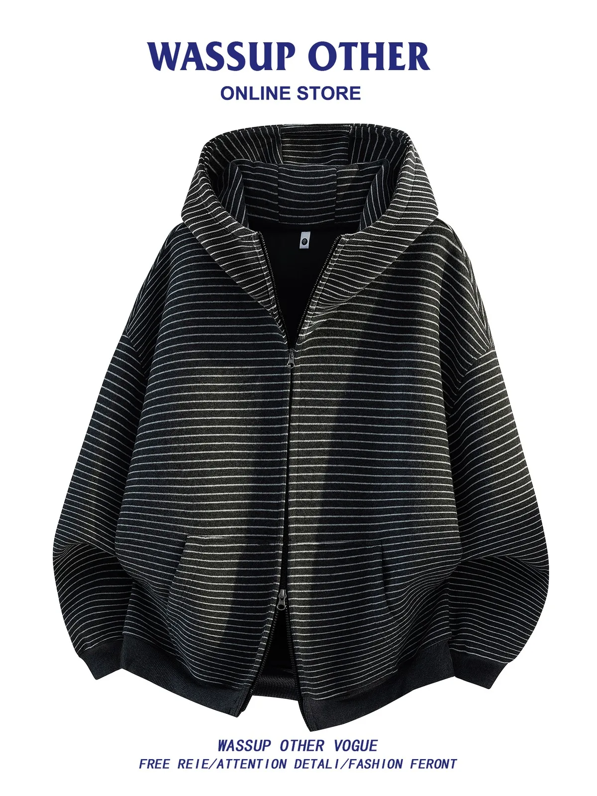 Jaqueta Hoodie Listrada Americana Wassup Other, Estilo Casual Solto para Homens, Primavera e Outono, Fibra de Poliéster, Mang...
