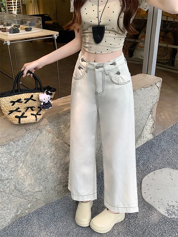 

plus Size High Waist Straight Leg Jeans Women's White Nine-Piece Loose Wide Leg Pants Spring Fashion plus Size Slimming Jeans
