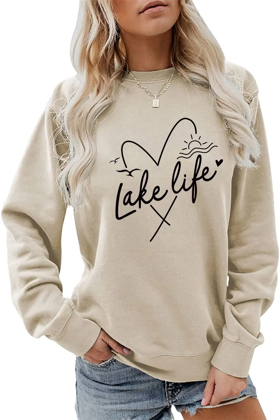 Autumn crew-neck casual T-shirt hoodie LAKE LIFE print new loose long-sleeved top all match women's fashion pullover