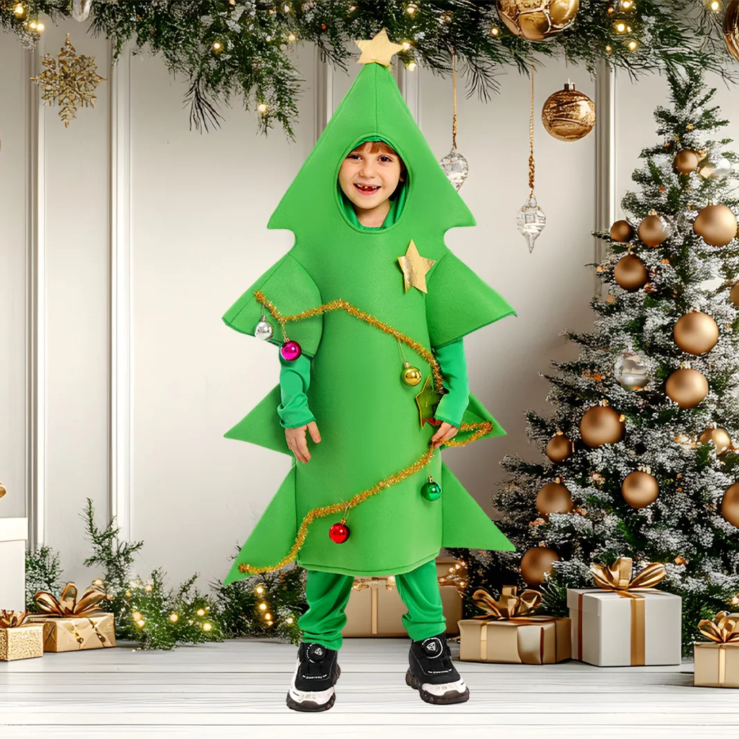 Christmas Tree Costume Kids Boy Girl School Play Stage Performance Show Party Outfit Green Clothes Pants Festival Suit