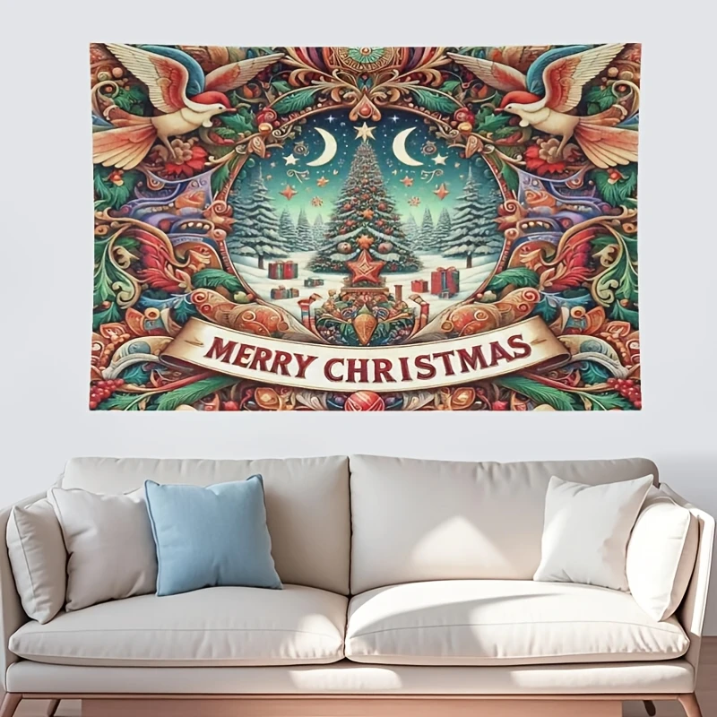 Large 40x60 Inch Christmas Tapestry Wall Hanging - Snowflakes, Trees, Santa & Merry Christmas Banner with Twinkling Lights Desig