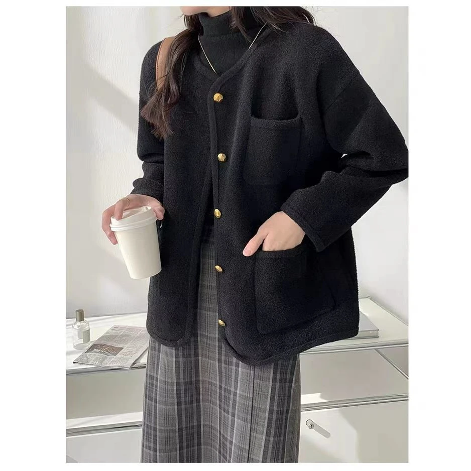 Abrigos de mezcla de lana para mujer, abrigo de lana de algodón añadido para otoño, piel sintética recortada, mangas acampanadas, farol ajustado con botones contrastantes