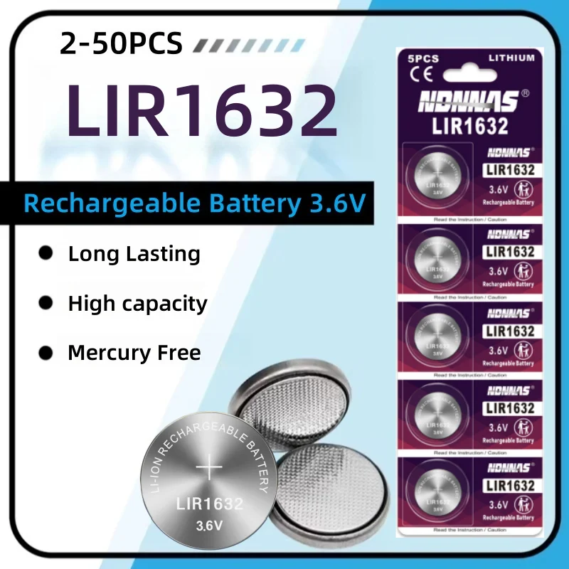 5-60PCS LIR1632 LIR 1632 3.6V Lithium Rechargeable Batteries for Watch Car Remote Control Replace CR1632 DL1632 Button Coin Cell