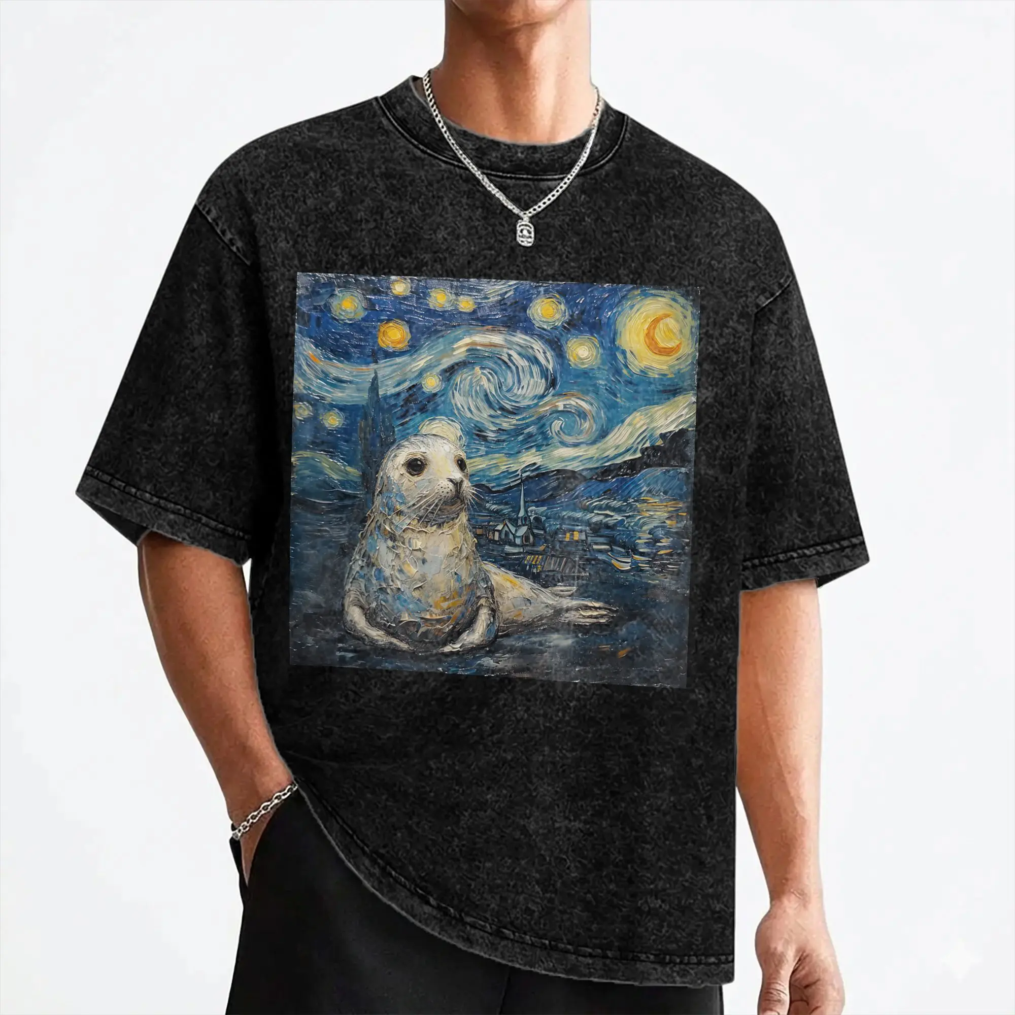 Neil the Seal Starry Night T Shirts Washed Short Sleeve Street T-Shirts  Vintage Men Women Streetwear Printed Tees