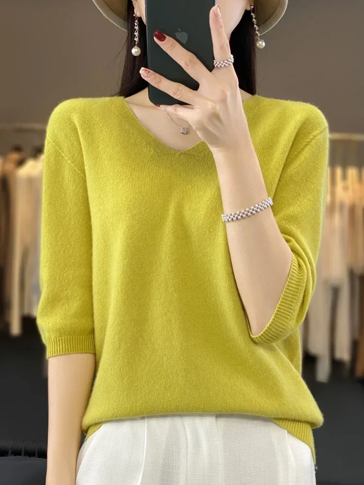 Aliselect Short Sleeve Women Knitted Sweaters 100% Pure Merino Wool Cashmere Spring Fashion V-Neck Top Pullover Clothing