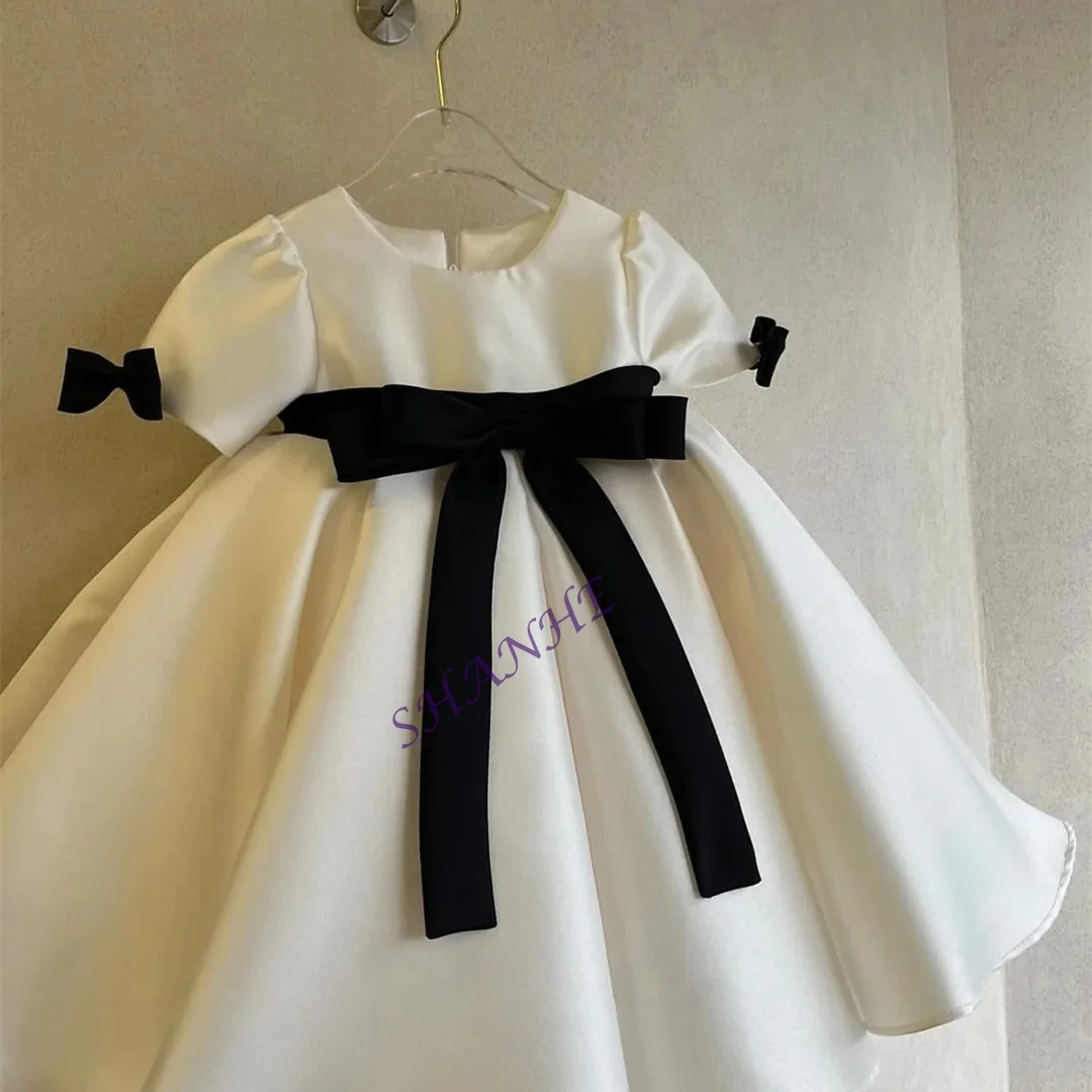 

Платья с цветочным узором для девочек по индивидуальному заказу, элегантное атласное бальное платье принцессы с короткими рукавами и бантом для детей, платье для первого причастия на день рождения