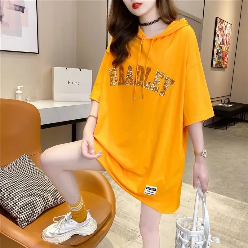 Fashion Loose Sequined Letter Hooded Sweatshirts Female Clothing 2024 Summer New Oversized All-match Tops Casual Sweatshirts