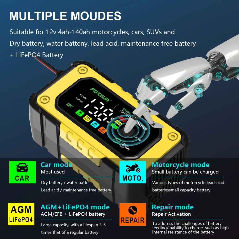 Nuovo caricabatteria per auto di riparazione universale FOXSUR 12V 7A caricabatteria per moto di riparazione intelligente per batteria al piombo