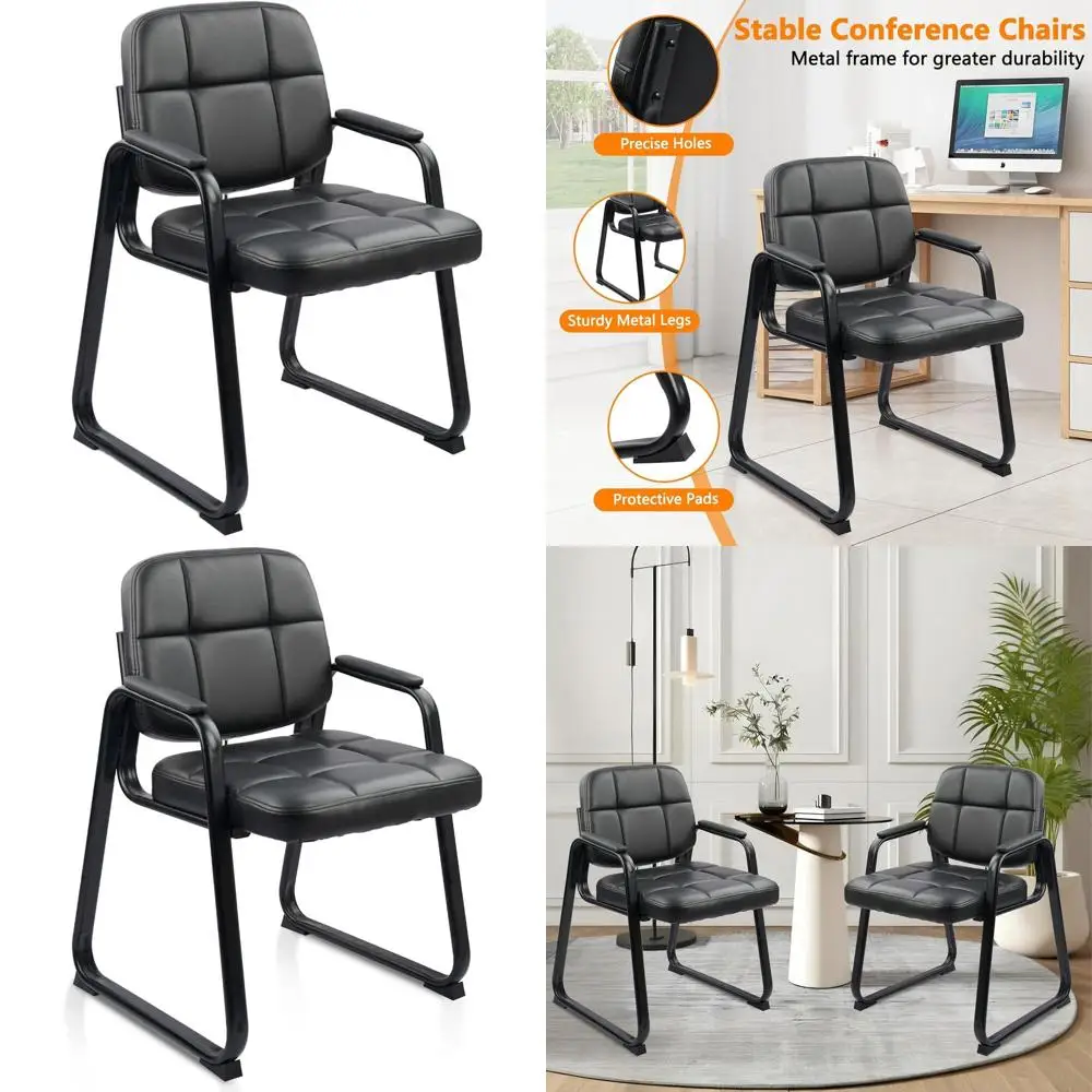 

Black Sled Base Leather Guest Chair with Armrests and Lumbar Support for Office Reception, Conference, and Lobby Areas
