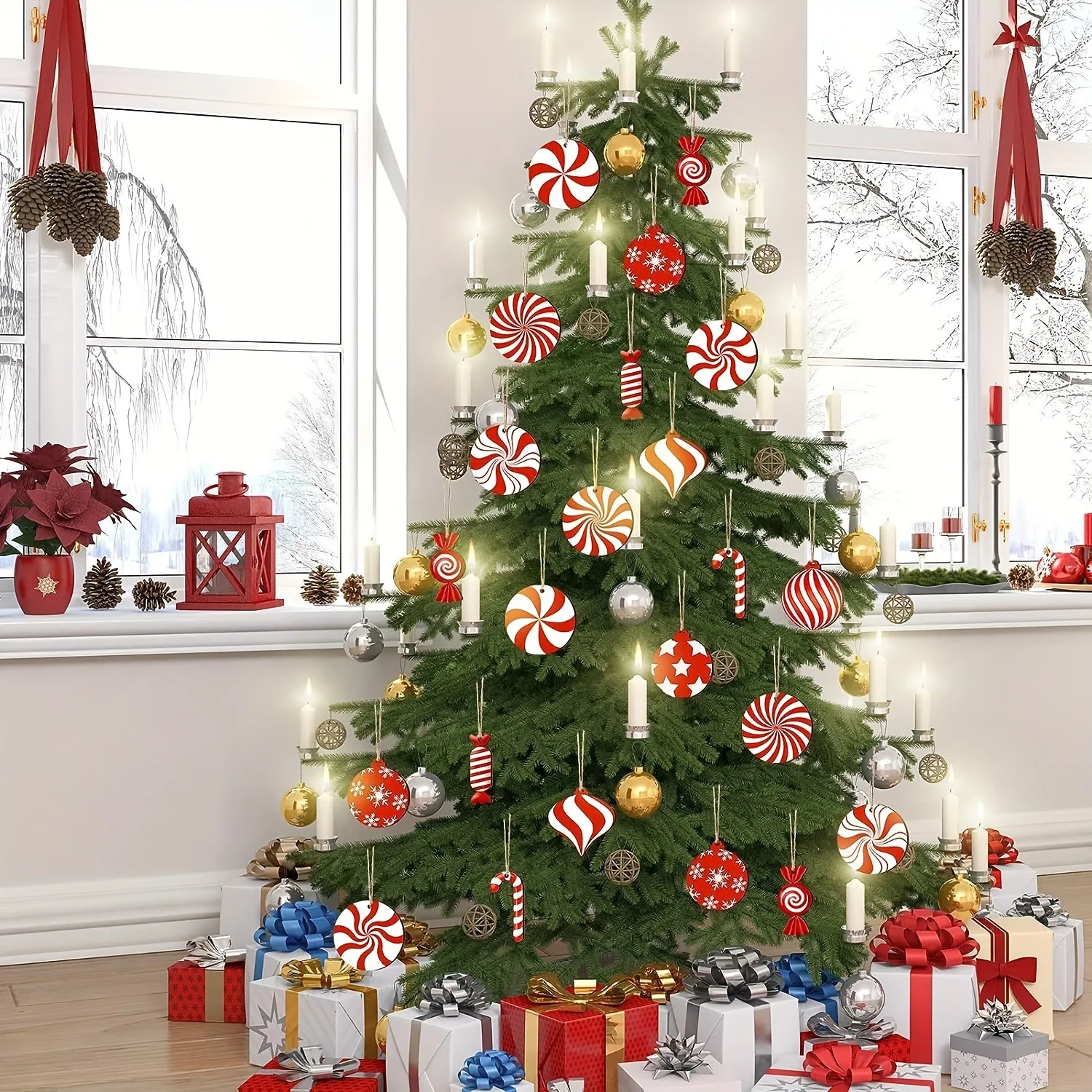 12Pcs Colorful Wooden Christmas Tree Decorations Scented Mint Candy Canes Hanging Ornaments Stick Candy Christmas Decorations