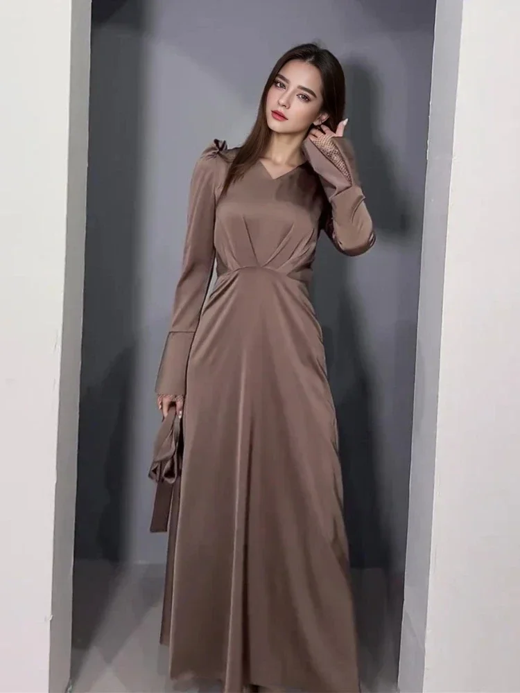 Eid Muslim Dress For Women V Neck Belt Satin Maxi Long Dresses Abaya Ramadan Lace-up Abayas Kaftan Dubai Arab Modest Long Robe 2