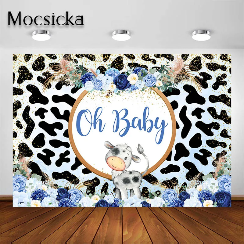 

Mocsicka Milk Cows Backdrop Boys Baby Shower Party Decorations Oh Baby Blue Floral Photography Background Table Banners Props