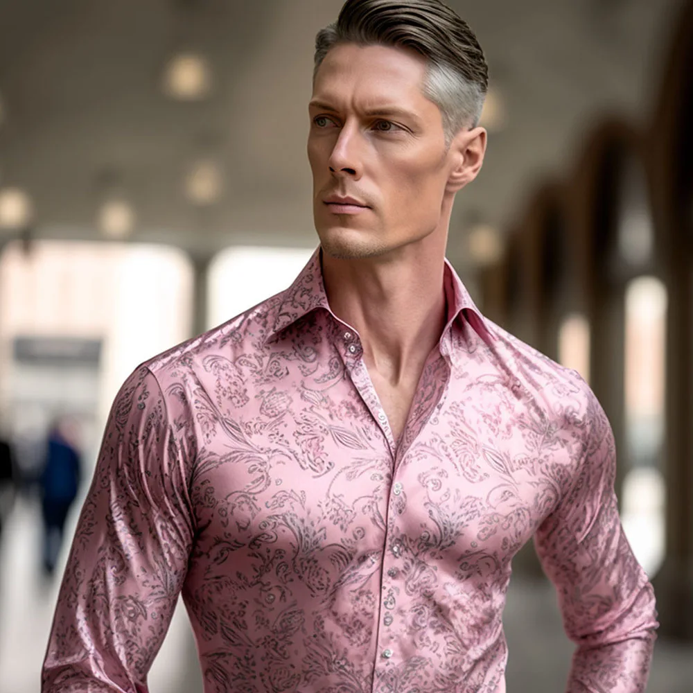 Exquisite Silk Shirts for Men Pink Floral Four Seasons Lapel Long Sleeve Embroidered Casual Fit Party Wedding Barry.Wang CY-0419