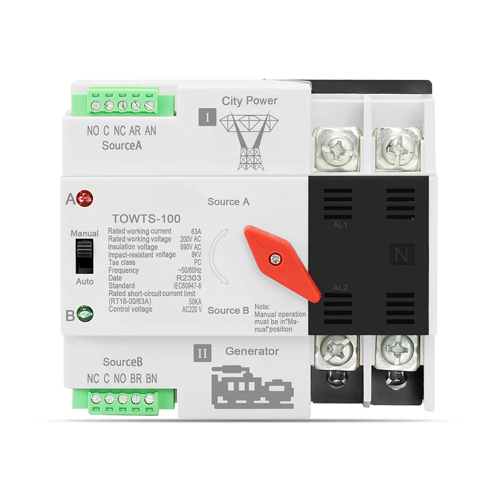 100A Automatic Manual Transfer Switch Dual Power Backup for Residential RV with Voltage Protection and Switching