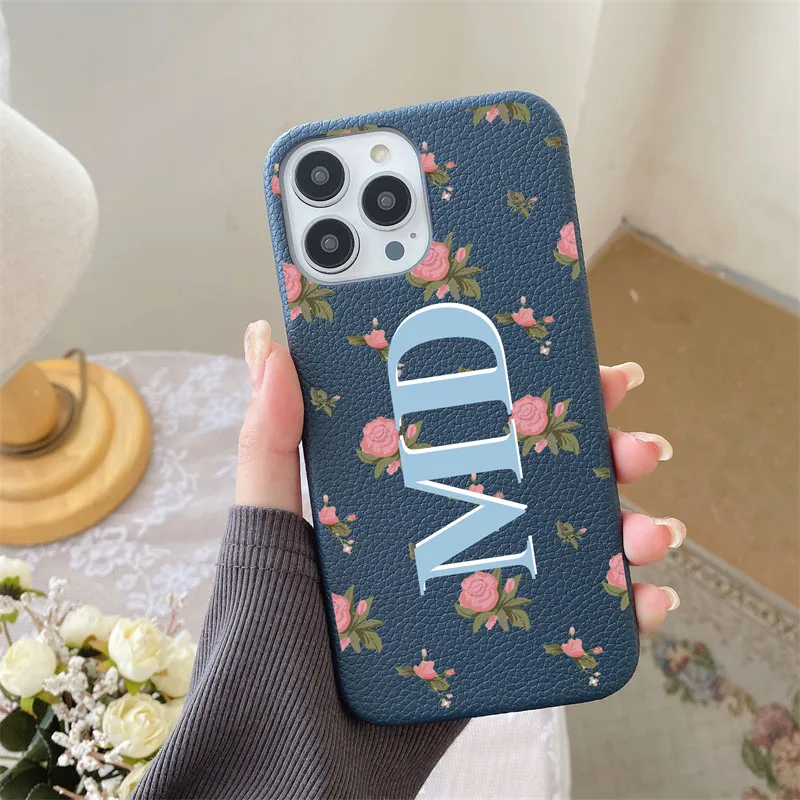 Personalised Name initial PU Pebble Leather Foral Rose Cases for iphone 11 12 14 13 15 Pro Max XS XR 14 15Plus Luxury Hard Cover