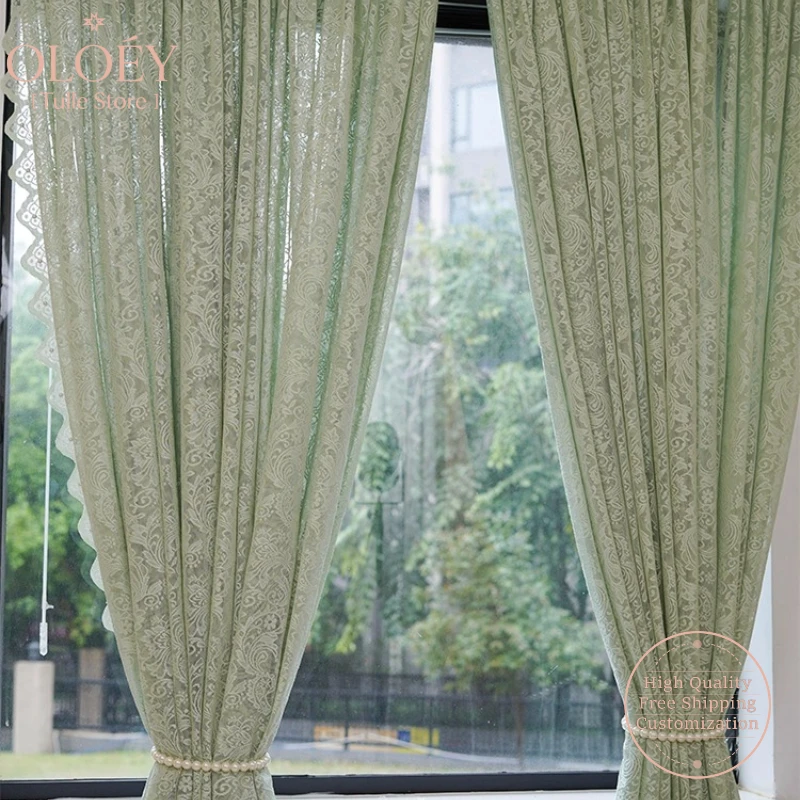 

American Retro Thick Lace Sheer Curtains for Living Room Partition Window Background Door No Punch Hook Loop Gauze Drapes Veil