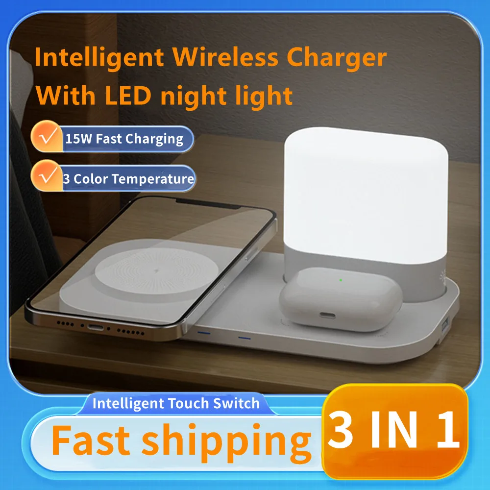 

Wireless Charger Stand 3 in 1 15W Fast Charging Dock Station With LED Night Light For iPhone 14 13 12 11 Apple Watch Airpods Pro