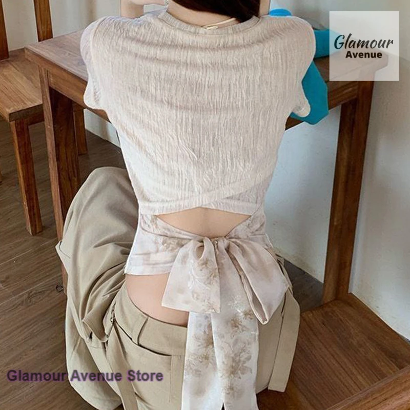 Korean micro-transparent short-sleeved T-shirt female summer design sense niche bow backless thin sweet spice girl short top