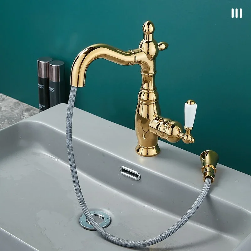 All copper retro pull-out faucet household bathroom bathroom cabinet sink basin cold and hot swivel faucet