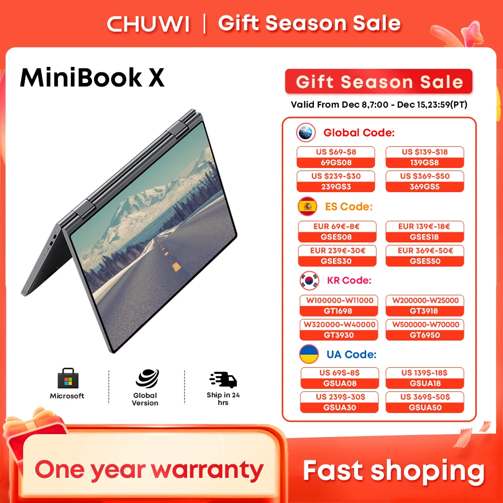 CHUWI MiniBook X 2-in-1 แท็บเล็ตแล็ปท็อป 10.51 นิ้วหน้าจอสัมผัส 12GB LPDDR5 512G SSD Intel N100 คีย์บอร์ดแบบ Backlit Windows 11 WiFi 6