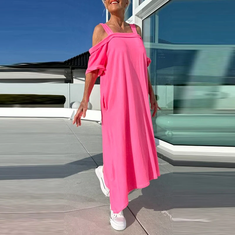 여름 할로우 반팔 느슨한 롱 드레스 캐주얼 오프 숄더 포켓 풀오버 드레스 우아한 솔리드 컬러 홀리데이 드레스 Vestido