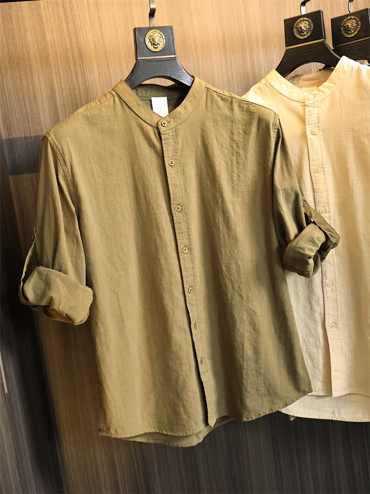 

Длинный хлопок премиум-класса для мужчин, дышащий, удобный, винтажный, универсальный, воротник-стойка на пуговицах f Sve Option