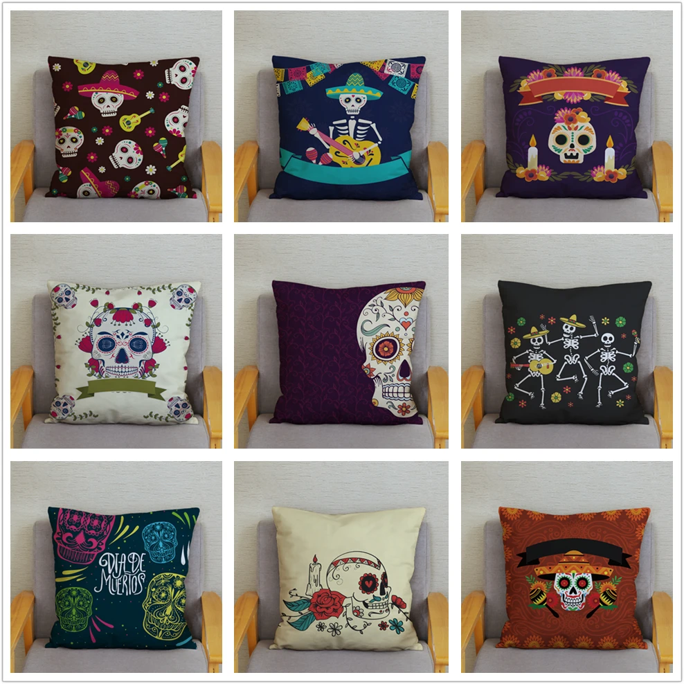 Mexican Day of The Dead Pillowcase Bedroom Living Room Sofa Home Decoration Cartoon Flower Skull Print Cushion Cover