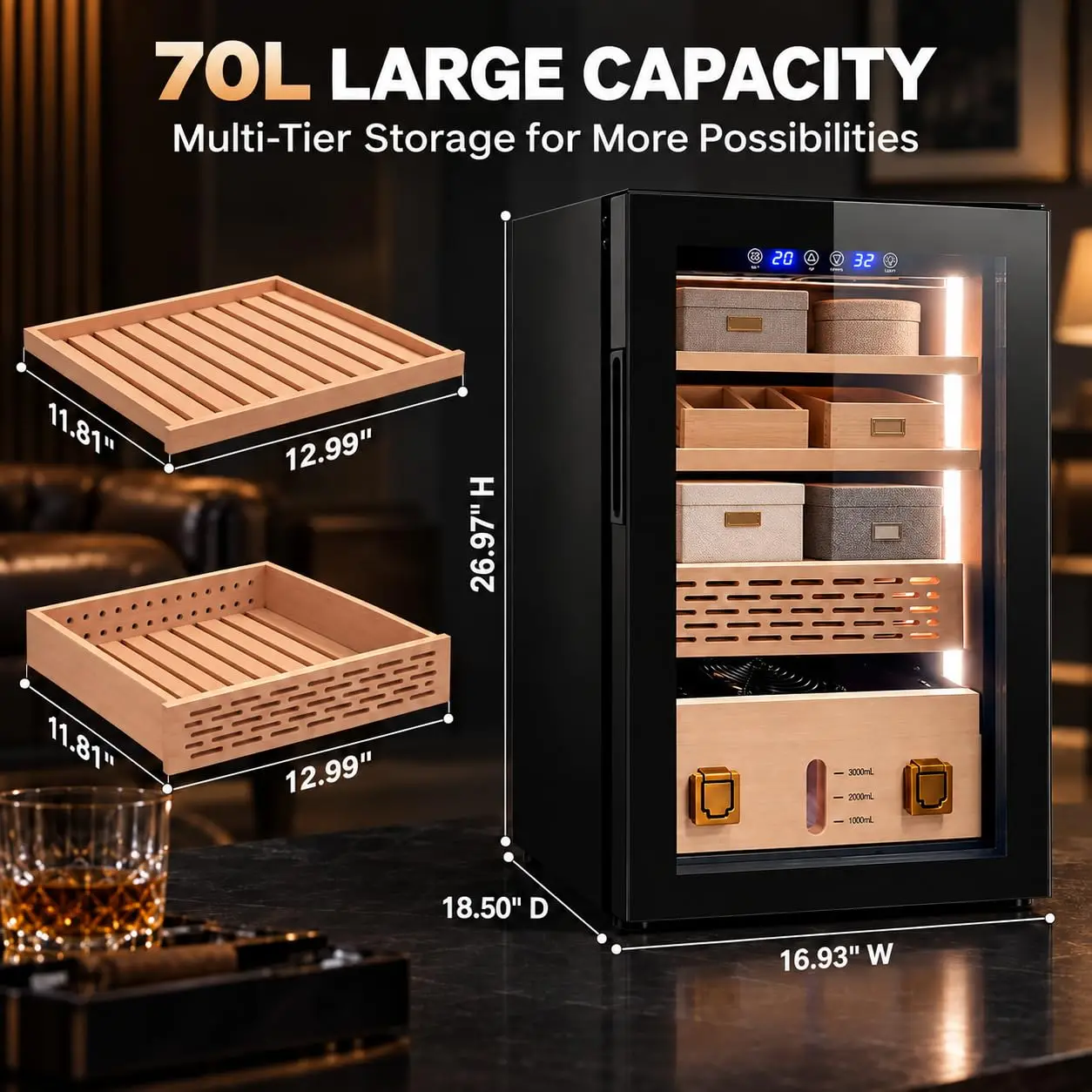 70L Climate Controlled Cabinet with Cedar Shelves, Temp & Humidity Control, Customized